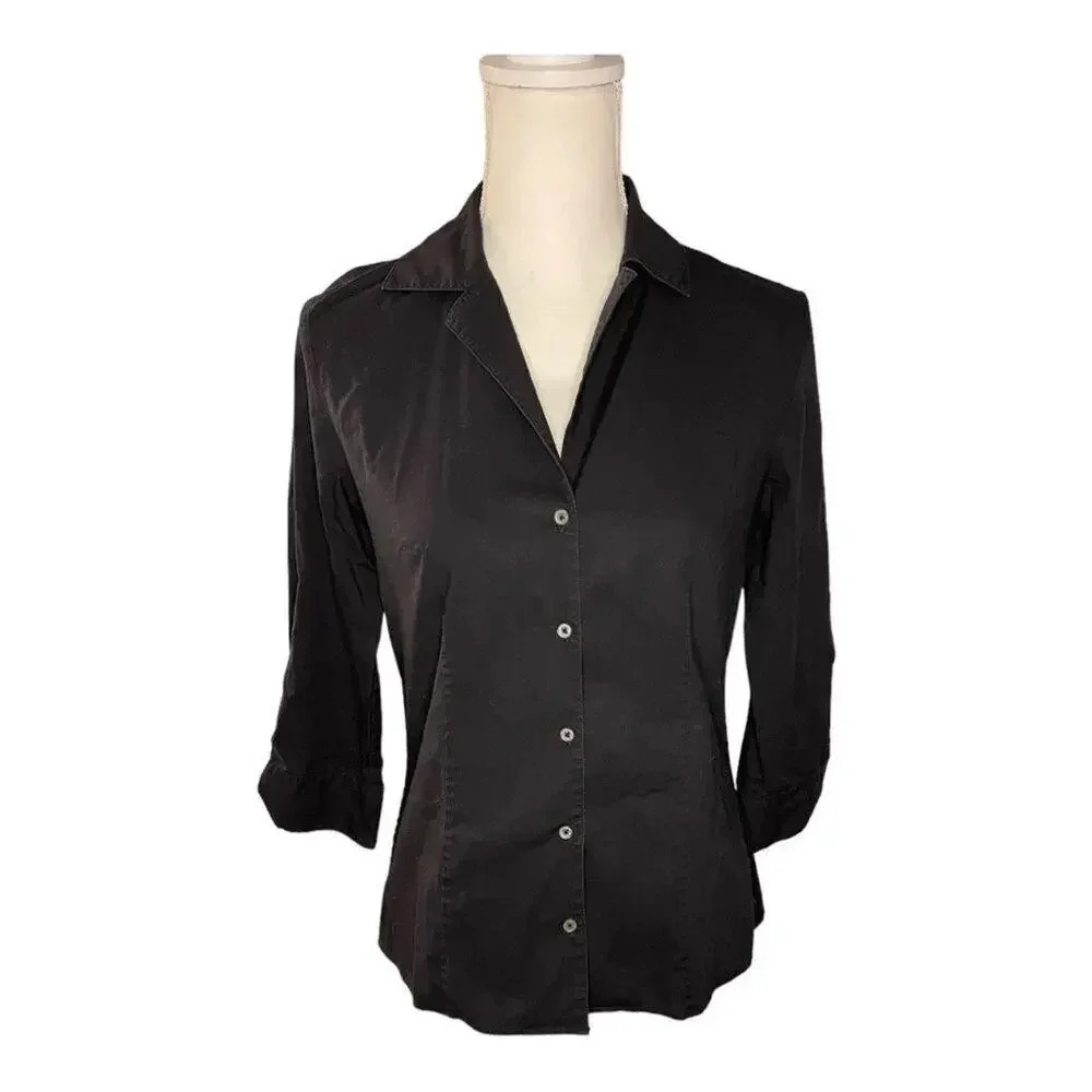 Talbots‎ Haberdashery Women’s Size 4 Stretch Poplin 3/4 Sleeve Black Button Down